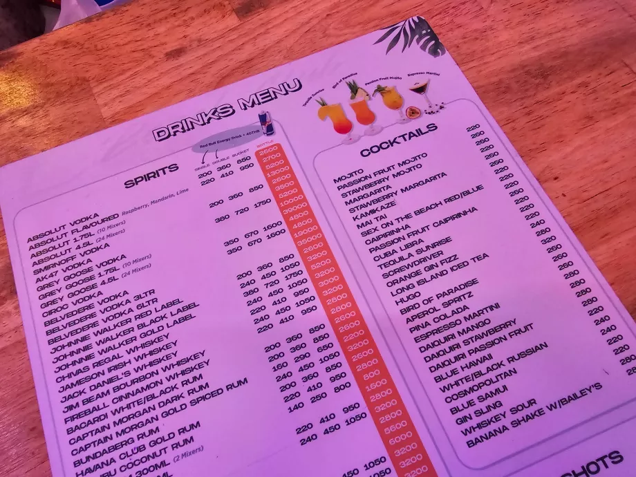 ARK paplūdimio klubas, gėrimų kainos