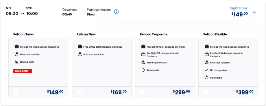 "FlyPelican" tarifų klasės