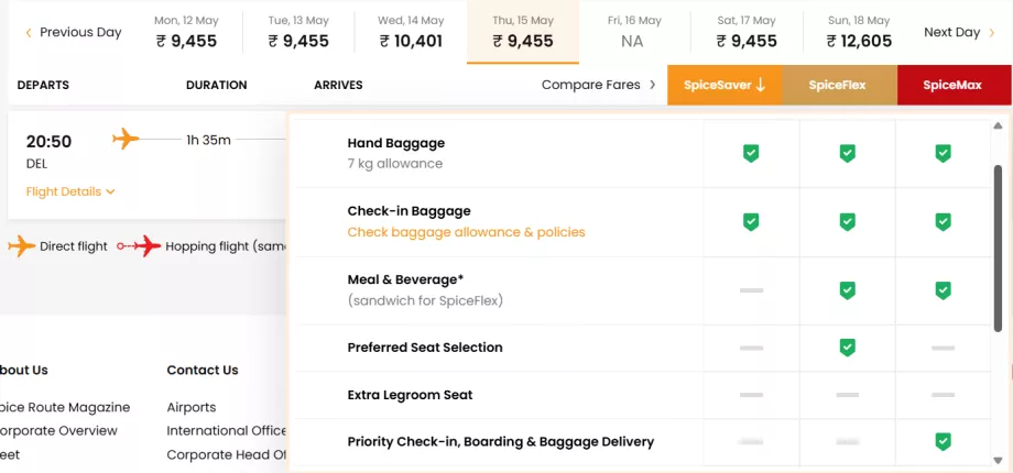 "SpiceJet" tarifų klasės
