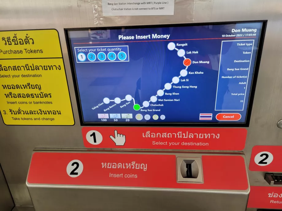 Bilieto pasirinkimo detalė (Bang Sue yra oro uosto linijos galinė stotelė)