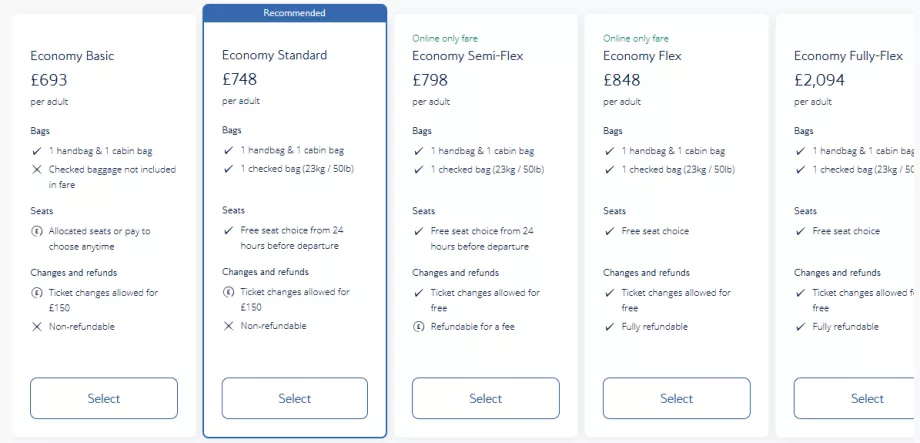 "British Airways" ekonominės klasės