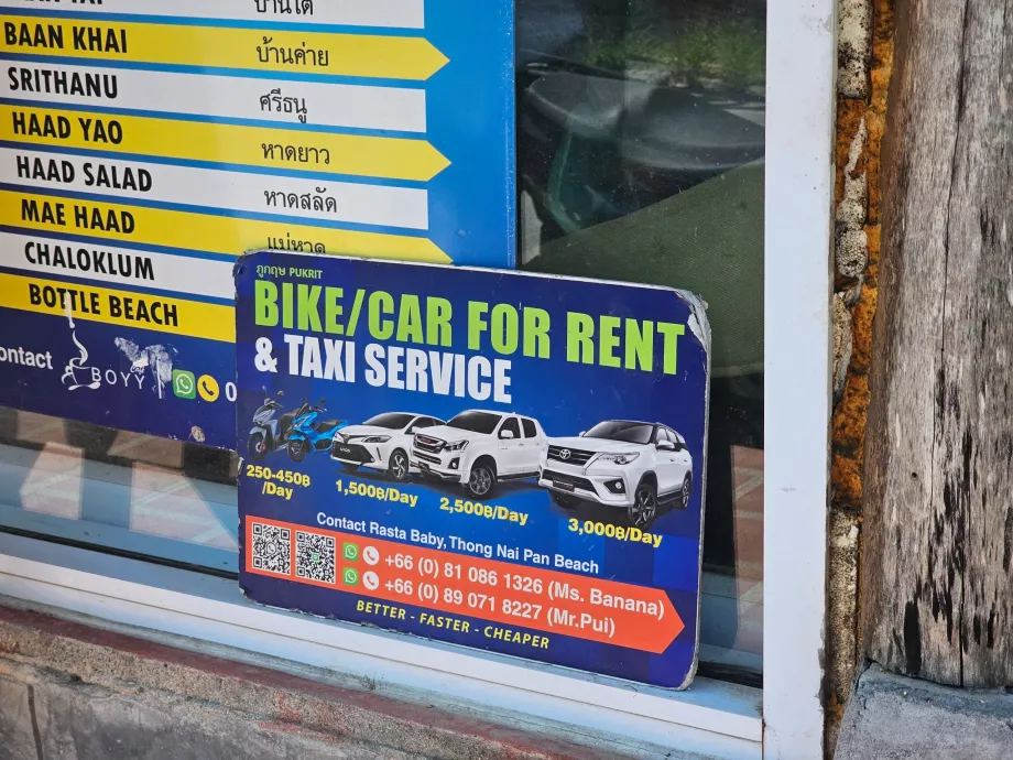 Motorolerių ir automobilių nuomos kainos