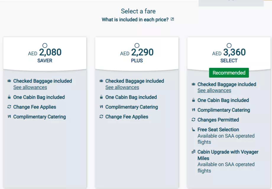 South African Airways tarifų klasės