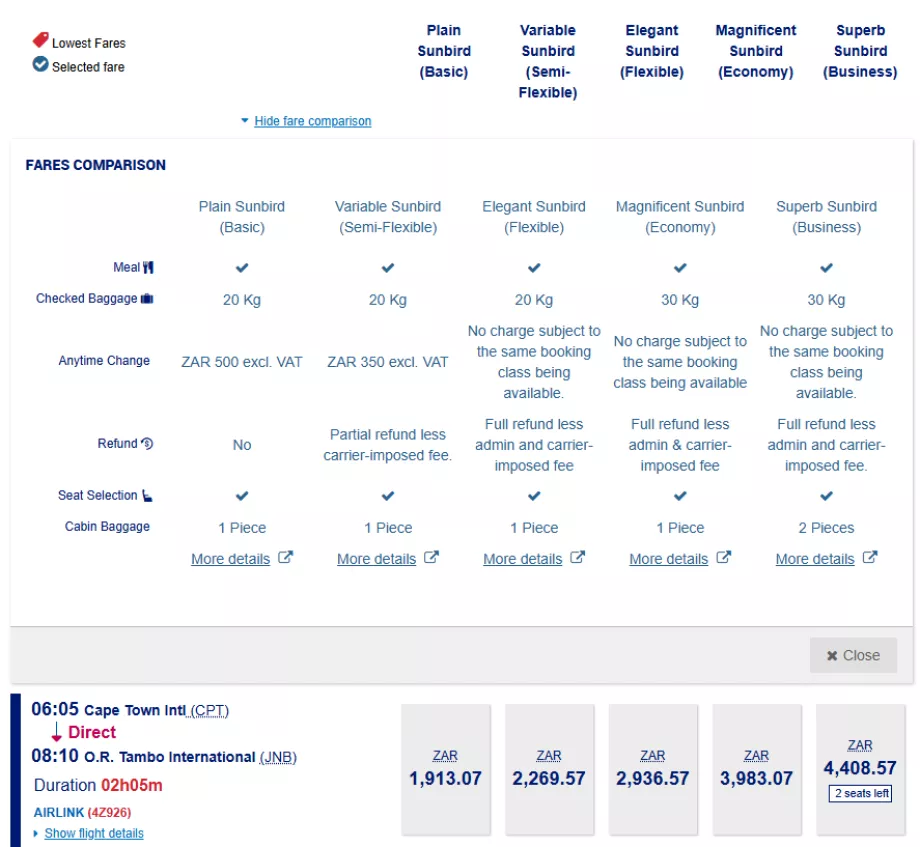 "Airlink" tarifų klasės
