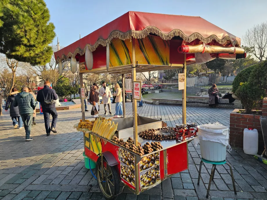 Stendas su kukurūzais ir kaštonais