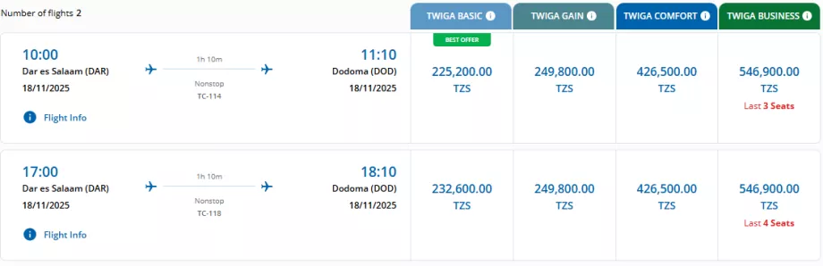 "Air Tanzania" tarifų klasės