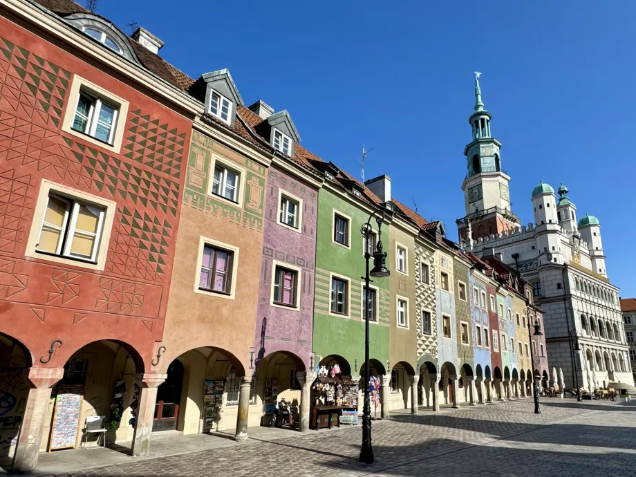 Spalvingi namai ir rotušė Poznanės Stary Rynek gatvėje