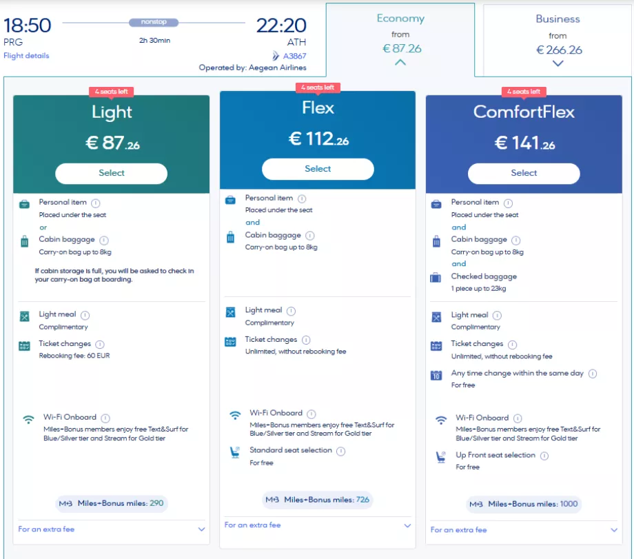 "Aegean Airlines" tarifų klasės