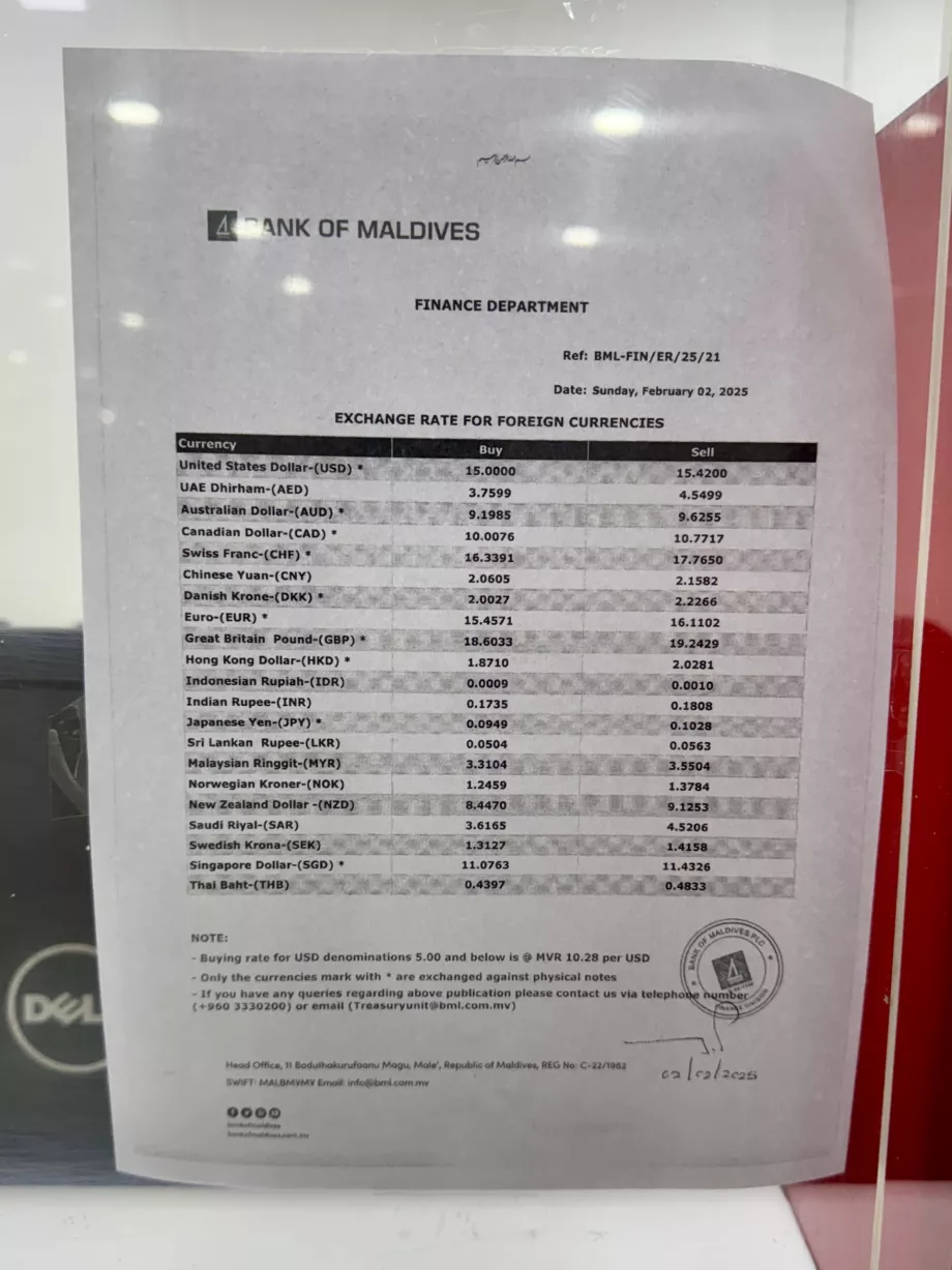 Valiutos kurso bilietas Maldyvų bankas Malė MLE